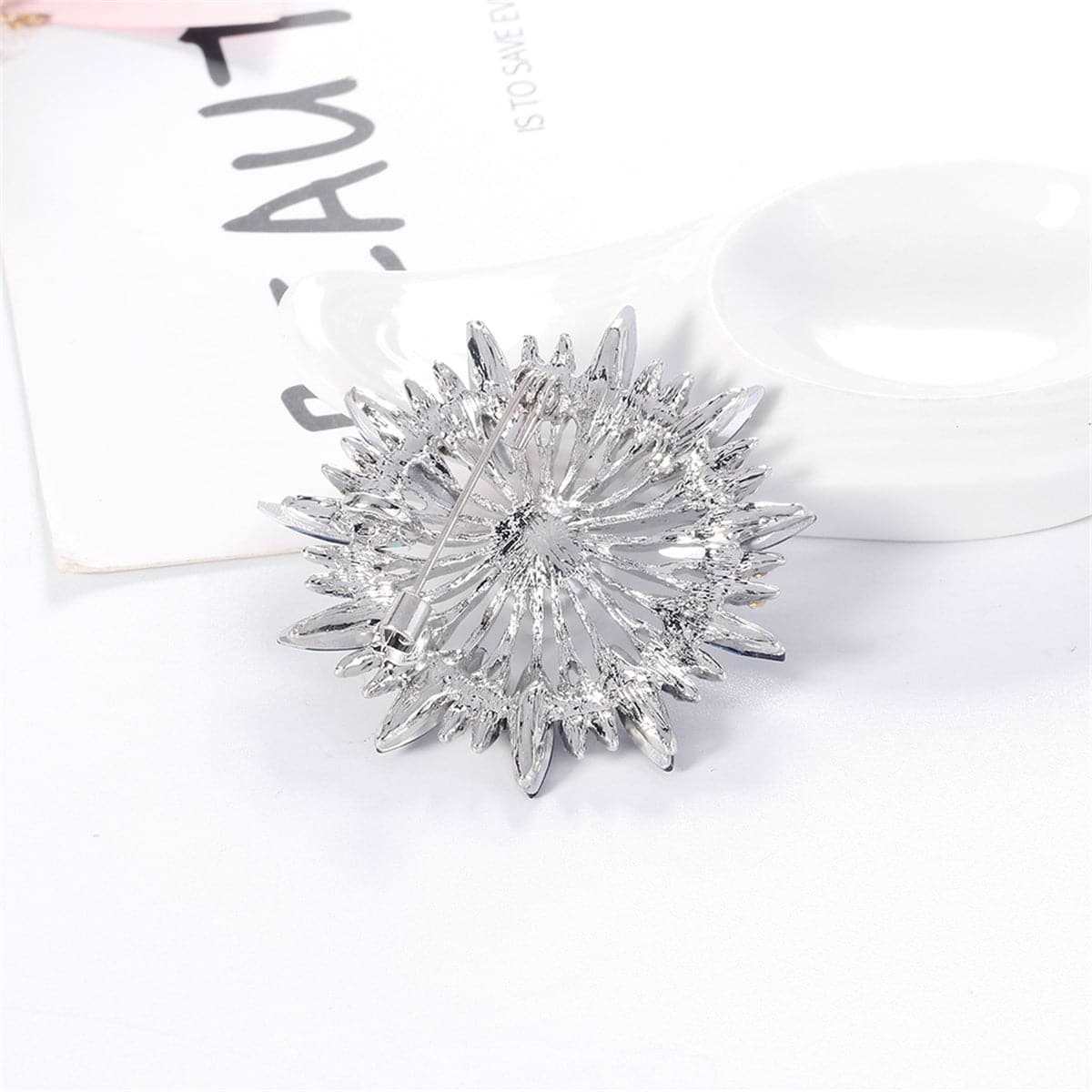 Blue Crystal & Cubic Zirconia Pearl Silvertone Sunflower Brooch