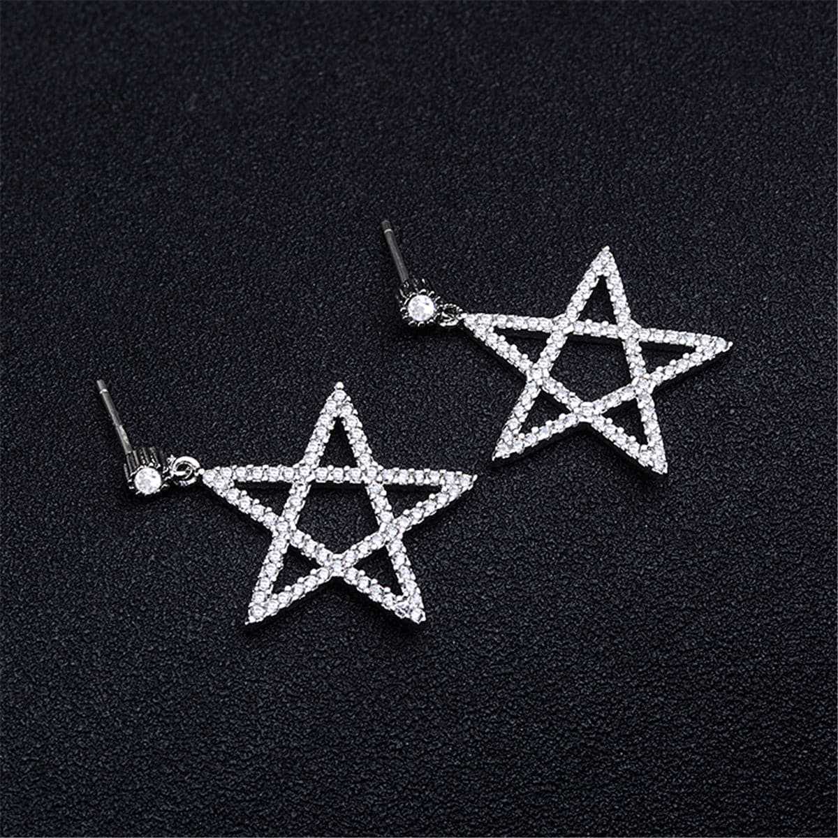 Cubic Zirconia & Silvertone Openwork Star Drop Earrings