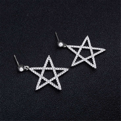 Cubic Zirconia & Silvertone Openwork Star Drop Earrings