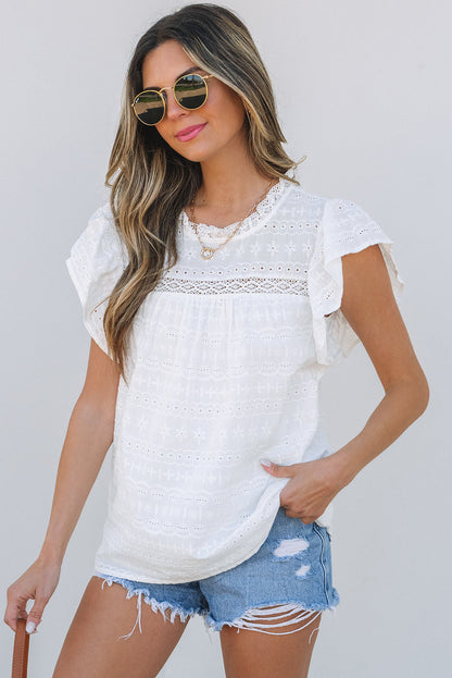 Threaded Pear Alondra Lace Flutter Sleeve Eyelets Blouse
