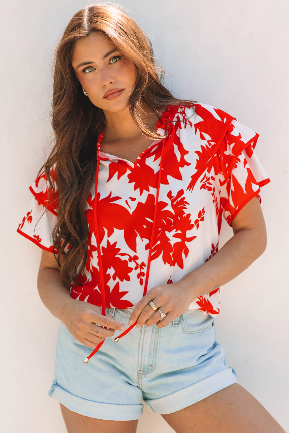 Threaded Pear Zoya Tiered Ruffled Sleeve V Neck Blouse