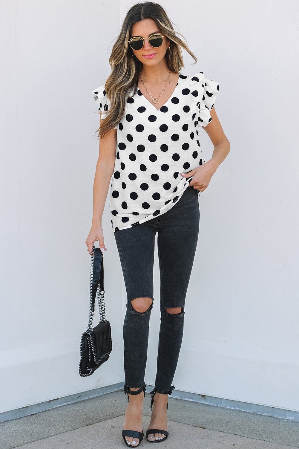 Threaded Pear Halo Polka Dot Ruffled Sleeve V Neck Blouse