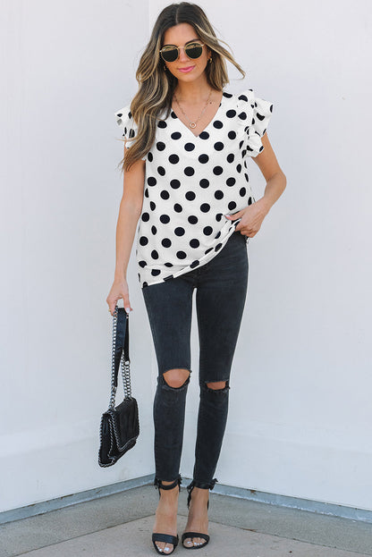 Threaded Pear Halo Polka Dot Ruffled Sleeve V Neck Blouse