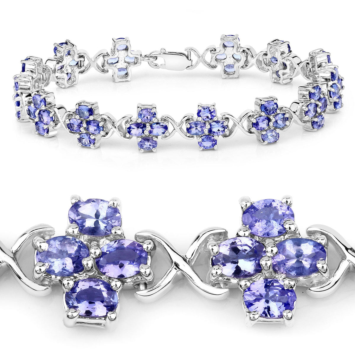 9.52 Cttw Oval Violet Tanzanite Rhodium over Silver Floral Cluster Tennis Bracelet