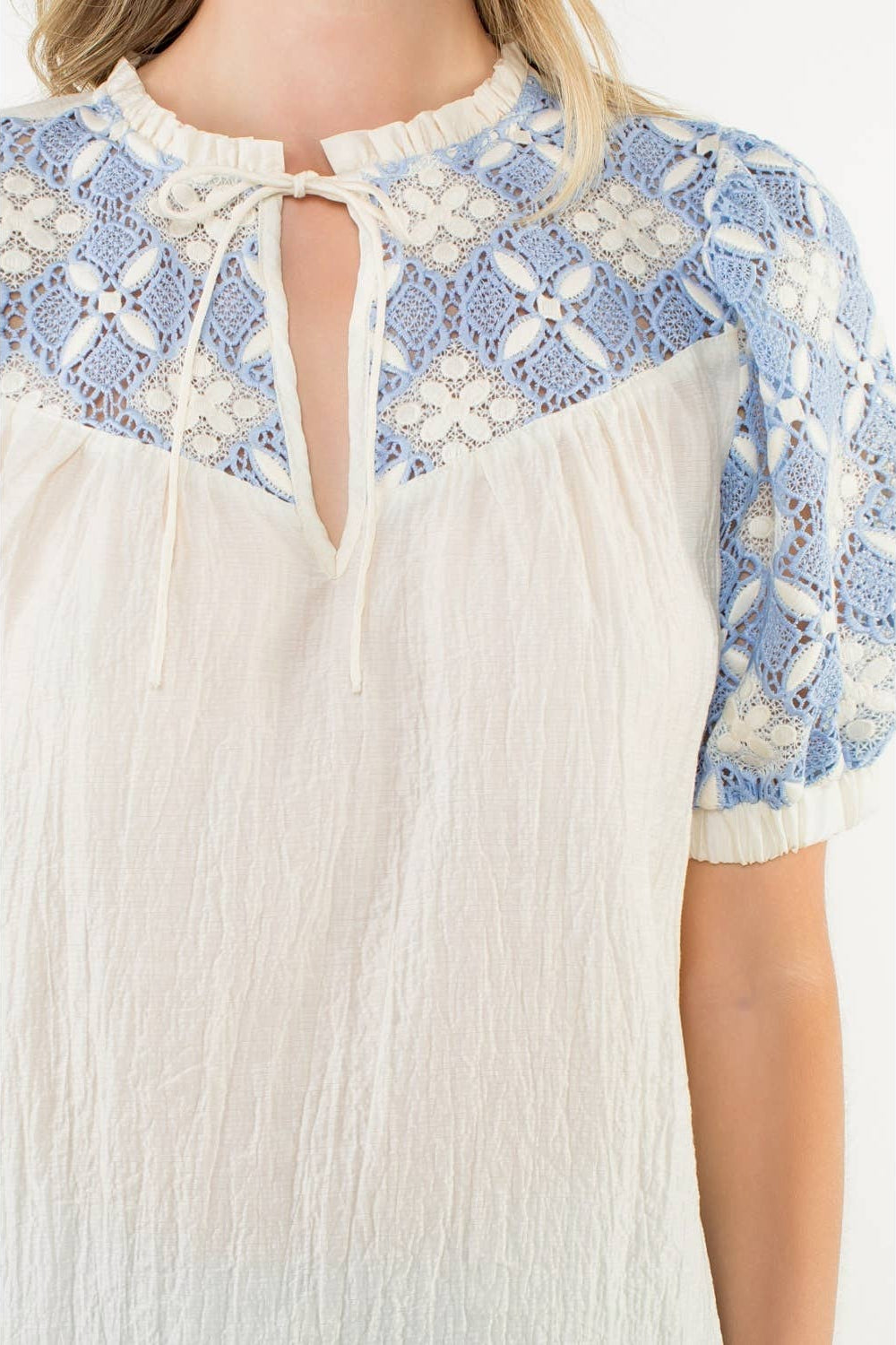 Krysa - Embroidered Yoke Puff Sleeve Crinkle Top