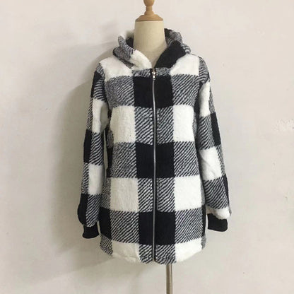 Plaid Hooded Zip-Up Oversized Jacket — Women’s Winter Commute Coat