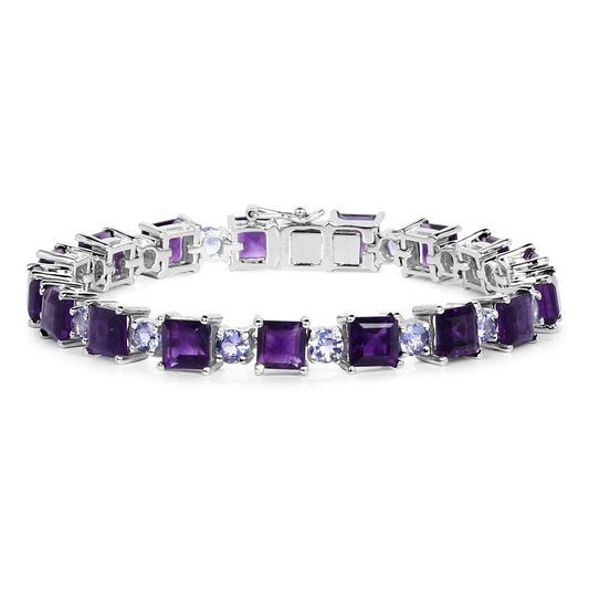20.91 Cttw Square Purple Amethyst and Tanzanite Rhodium over Silver Bracelet