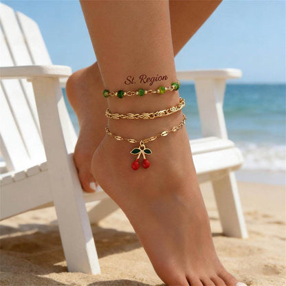 Green Quartz & Enamel Goldtone Cherry Charm Anklet Set
