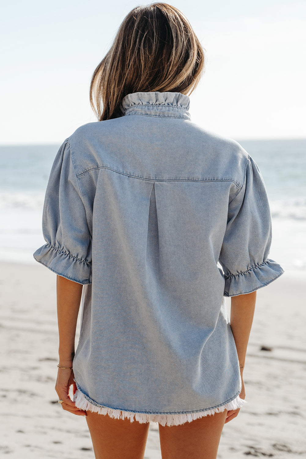 Threaded Pear Aya Ruffle Short Puff Sleeve Summer Chambray Top
