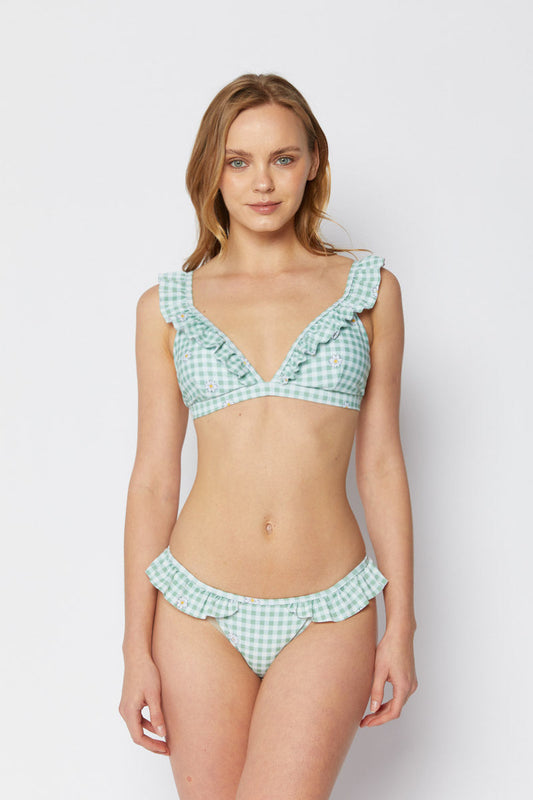 Marina West Stationary Ruffle Triangle Bikini Set (B2803) - Gingham Daisy Lime
