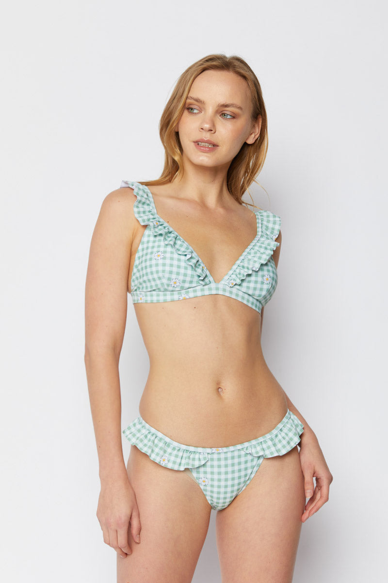 Marina West Stationary Ruffle Triangle Bikini Set (B2803) - Gingham Daisy Lime