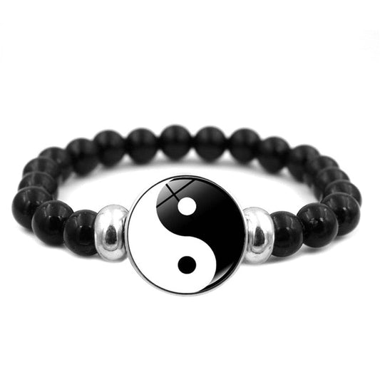 Black Glass & Silvertone Yin & Yang Stretch Bracelet