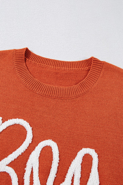 Threaded Pear Boo Knitted Pattern Ribbed Edge Sweater