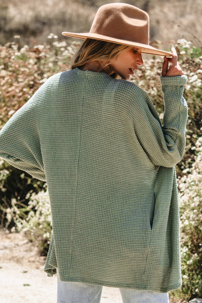 Threaded Pear Waffle Knit Open Front Cardigan