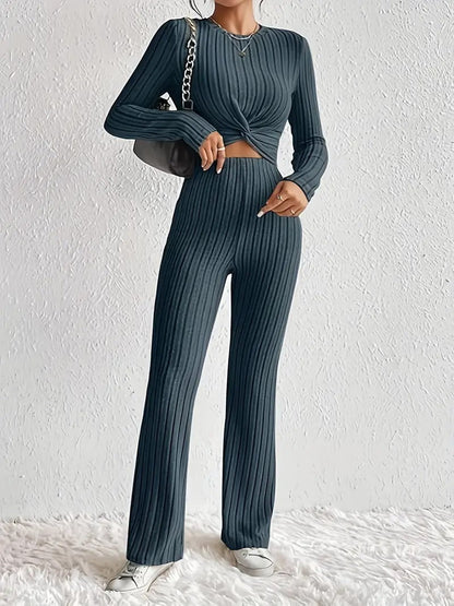 Women's Twist-Front Crop Top & Wide-Leg Ribbed Knit Set – 3 Colors
