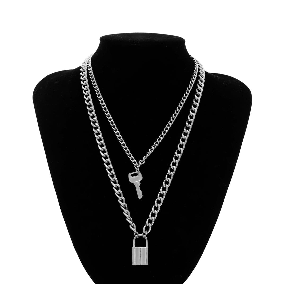 Silvertone Lock & Key Layered Pendant Necklace