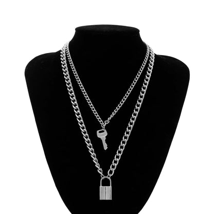 Silvertone Lock & Key Layered Pendant Necklace