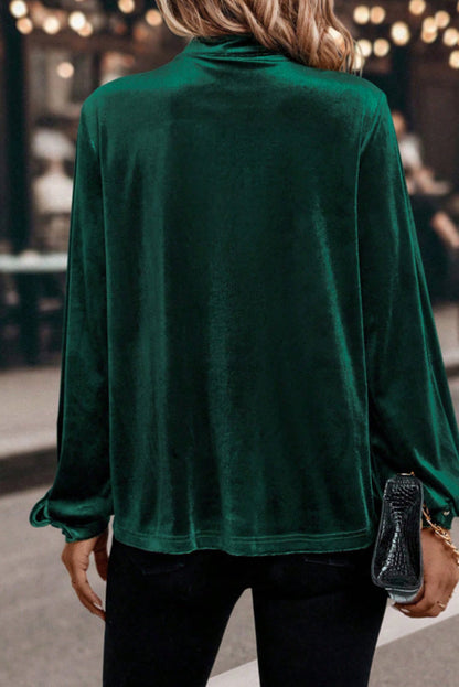 Red Dahlia Asymmetric Button Keyhole Neck Long Sleeve Velvet Blouse