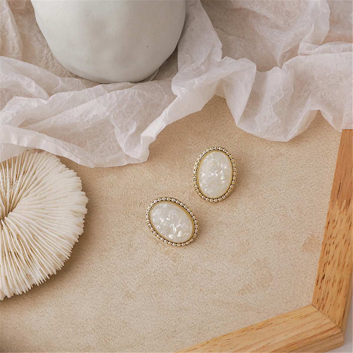 White Resin & Goldtone Oval Stud Earrings