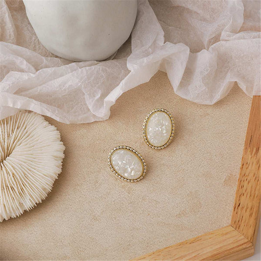 White Resin & Goldtone Oval Stud Earrings