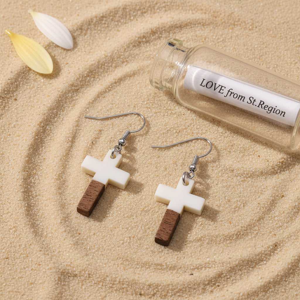 White Resin & Wood Silvertone Cross Hook Earrings