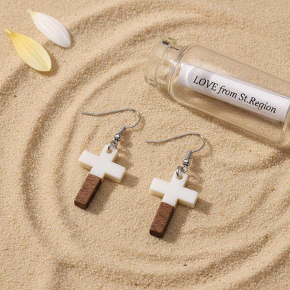 White Resin & Wood Silvertone Cross Hook Earrings