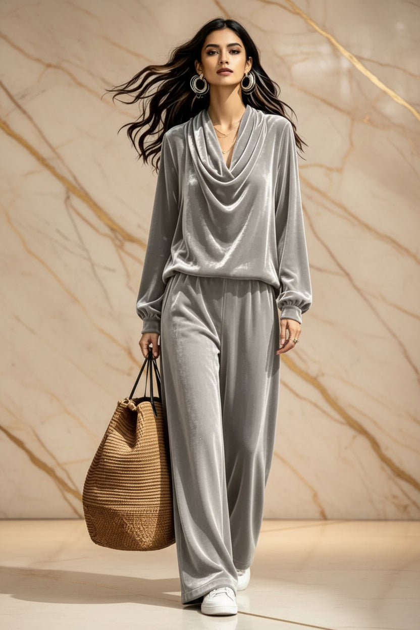 Women's Gold Velvet Cowl Neck Drop-Shoulder Top & Wide-Leg Pants Set – 8 Colors