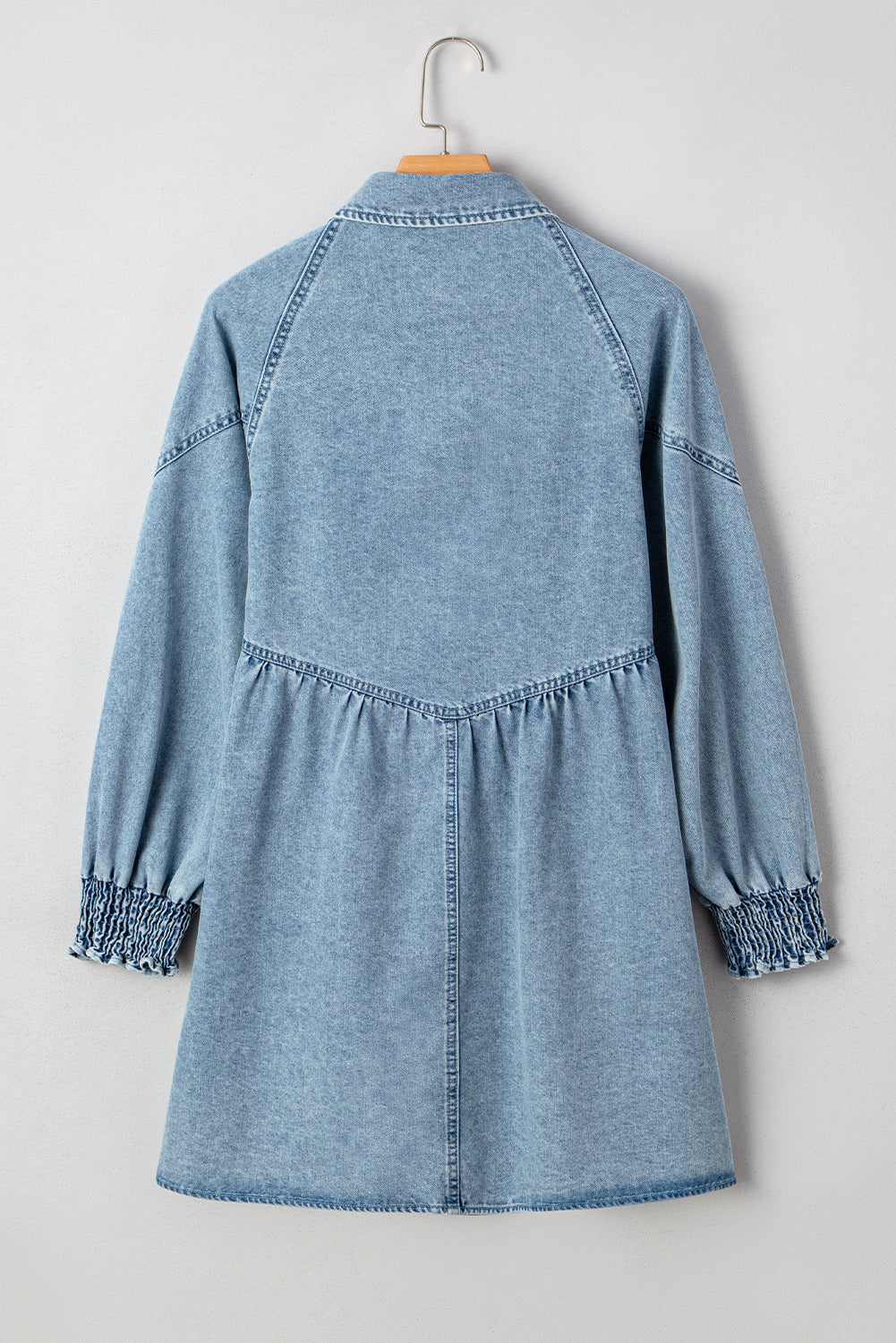 Threaded Pear Molly Smocked Cuffs Flared Denim Shirt Mini Dress