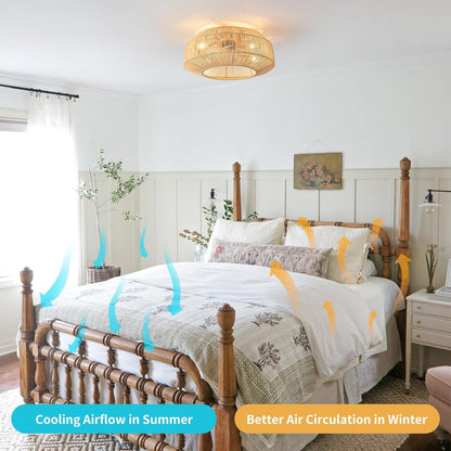 20" Boho Caged Ceiling Fan with Lights Flush Mount, Low Profile Rattan Ceiling Fans with Lights and Remote Control, Enclosed 6 Speeds for Bedroom, Living Room, Kitchen