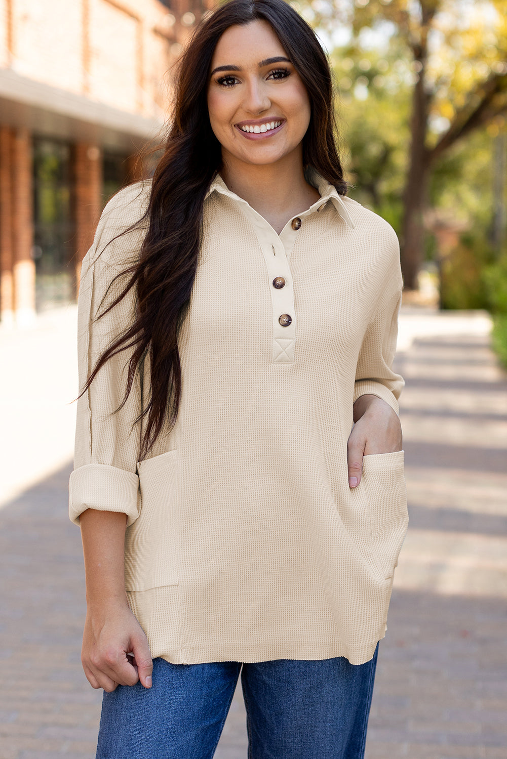 Threaded Pear Arianna Waffle Half Button Top.