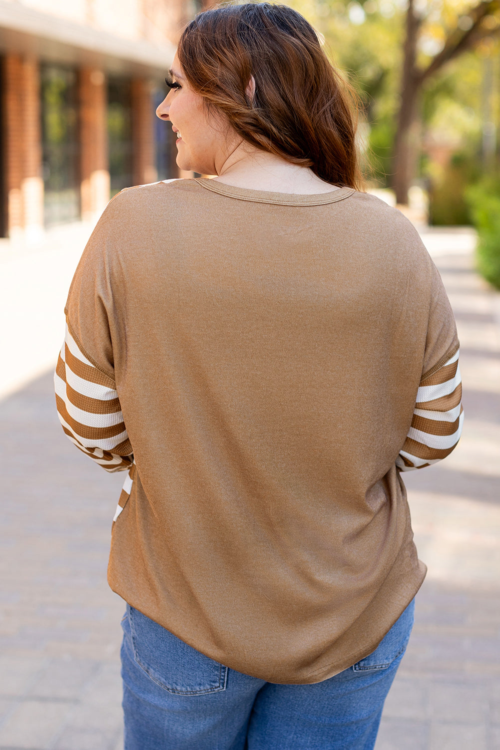 Threaded Pear Khaki Striped Checkered Mixed Print Chest Pocket Casual Plus Size Top