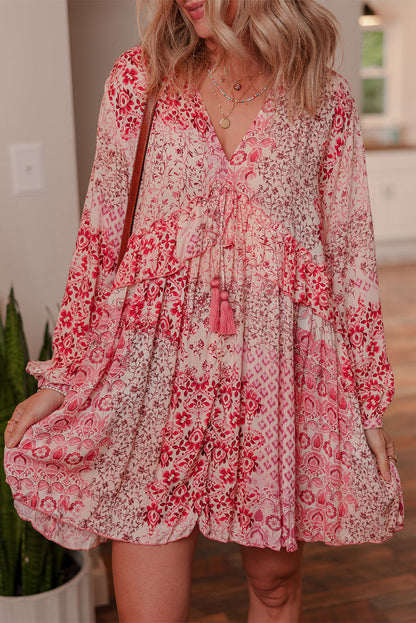 Threaded Pear Melody Floral Tassel Tie Long Sleeve Mini Dress