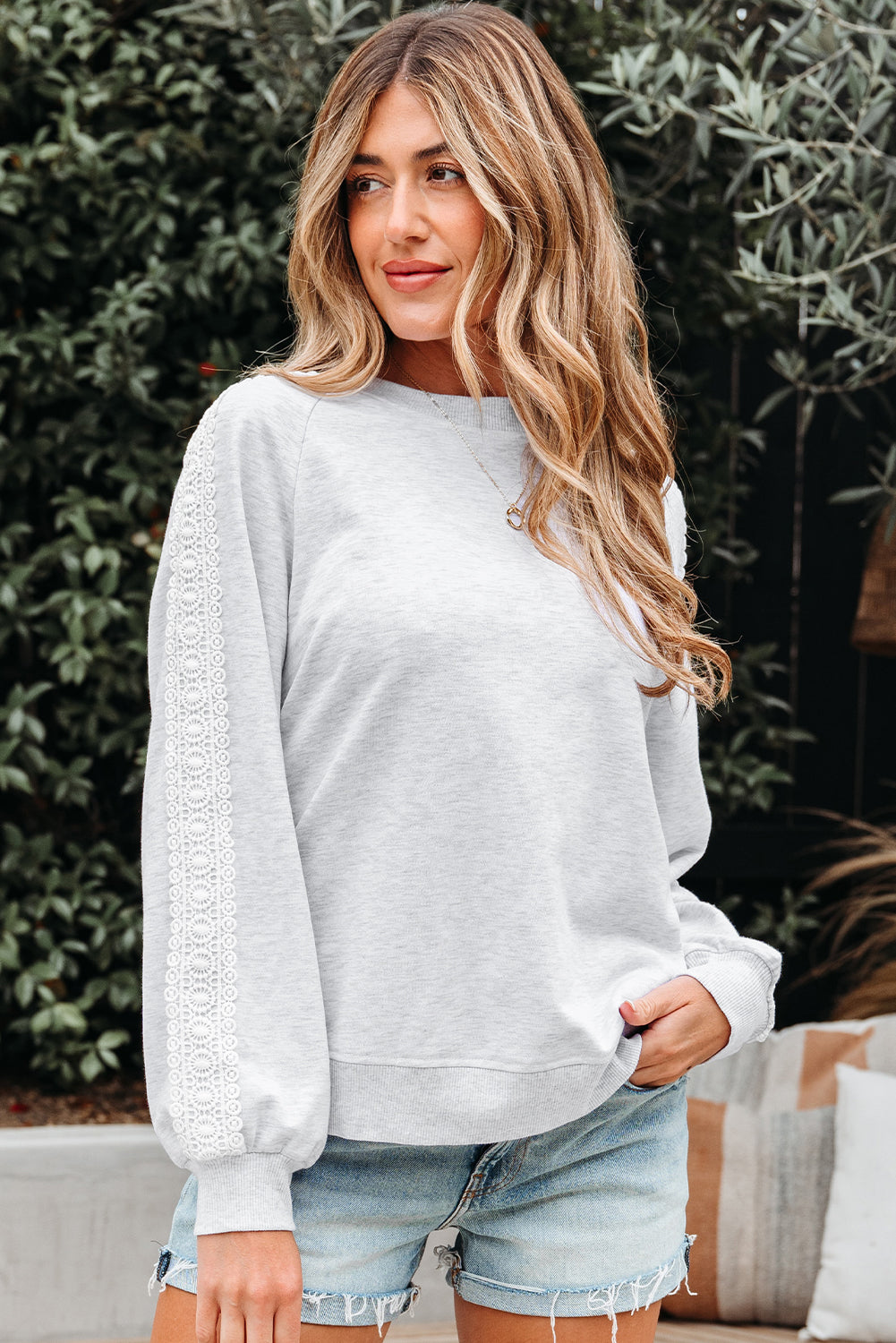 Threaded Pear Peyton Lace Patchwork Raglan Sleeve Crew Neck Sweatshirt
