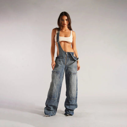 Y2K Denim Overalls - Zipper Suspender Jumpsuit Streetwear