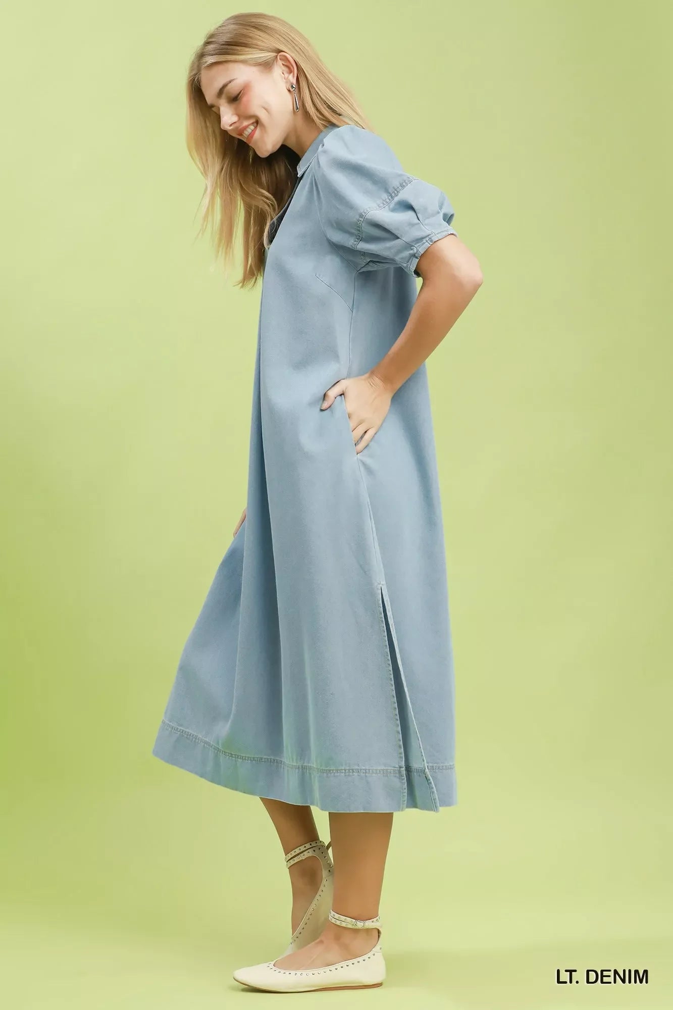 Umgee Chambray Collared Puff Sleeve Dress in Denim – Zulily