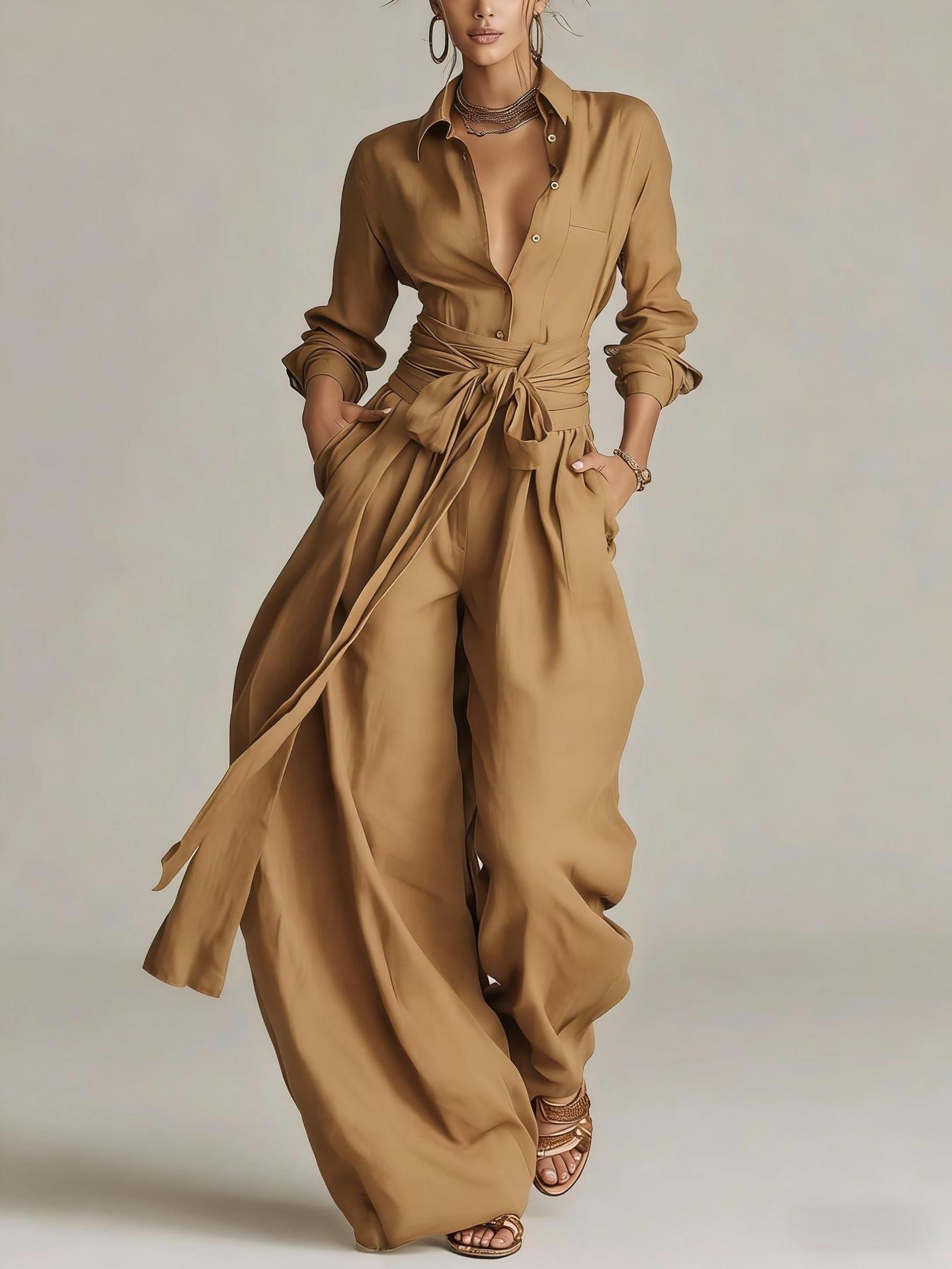 Women's Linen Long Sleeve Shirt & High-Waist Wide-Leg Pants Set with Tie Belt