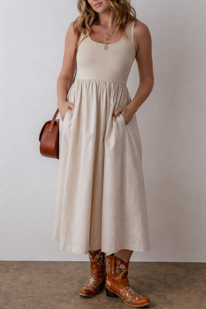 Threaded Pear Della Pleated Sleeveless Long Dress
