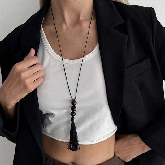 Black Resin & Polyster Tassel Necklace