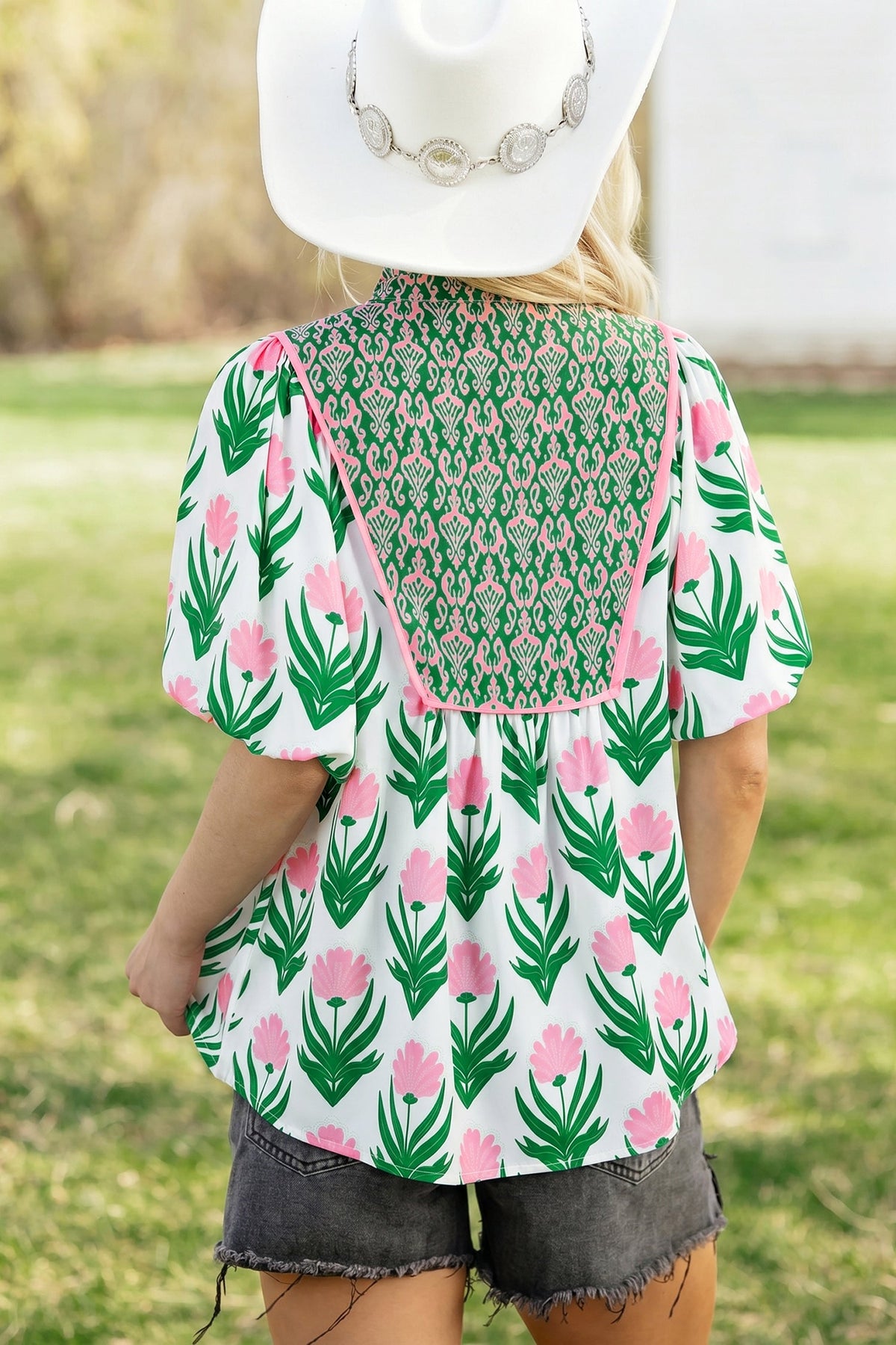 Threaded Pear Amiri Sleeve Contrast Bordered Blouse