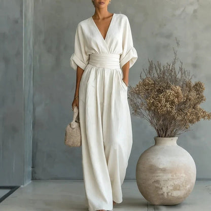 Women's V-Neck Wide-Leg Jumpsuit – High Waist Pleated Elegant