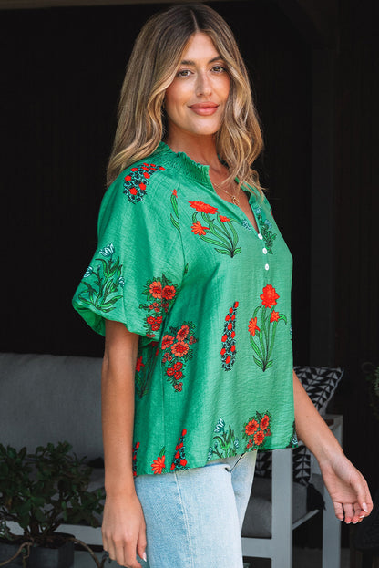 Threaded Pear Penelope Floral Buttoned V Neck Short Sleeve Blouse