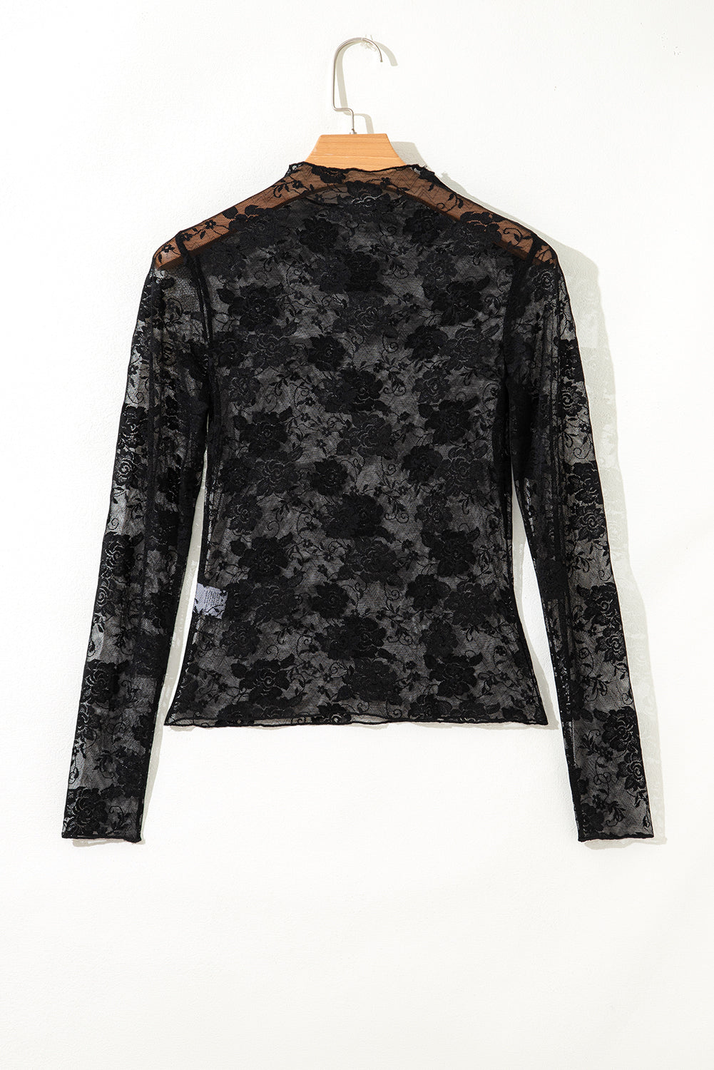 Threaded Pear Myla Sheer Floral Lace Mesh Mock Neck Long Sleeve Top