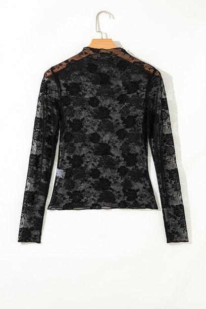 Threaded Pear Myla Sheer Floral Lace Mesh Mock Neck Long Sleeve Top