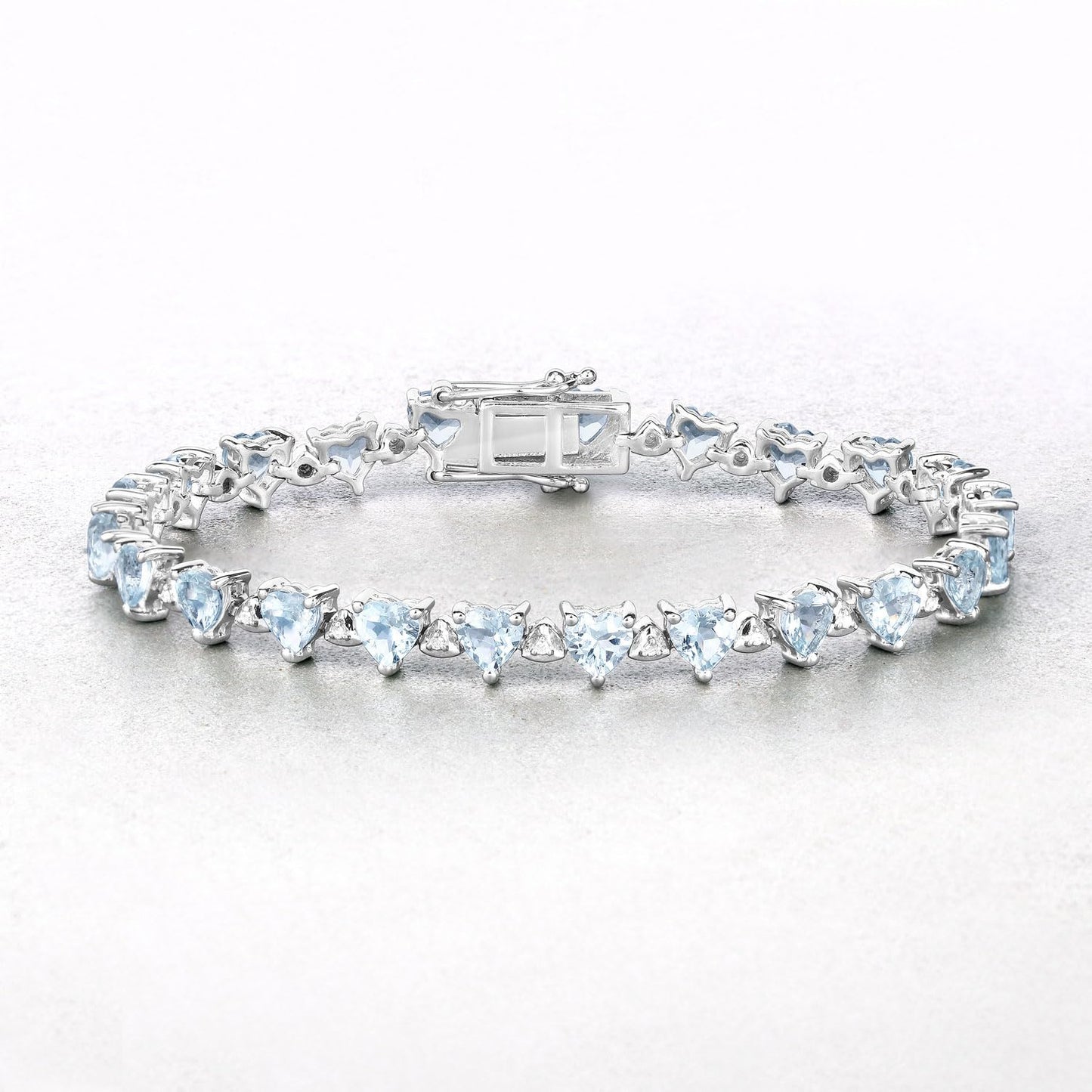 Heart Blue Aquamarine & Diamond Prong Silver Box Clasp Tennis Bracelet