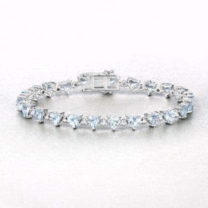 Heart Blue Aquamarine & Diamond Prong Silver Box Clasp Tennis Bracelet