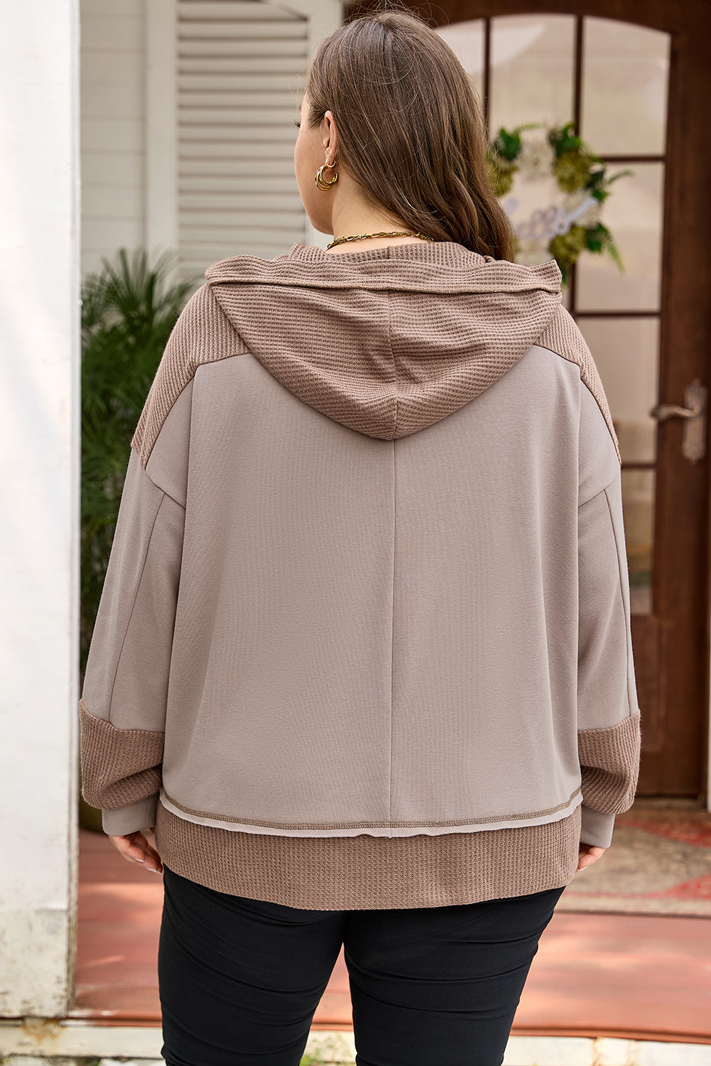 Threaded Pear Goat Waffle Contrast Patchwork Plus Size Pocketed Hoodie