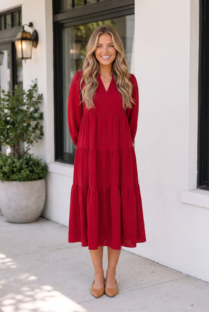Threaded Pear Melani Tiered Shift Midi Dress
