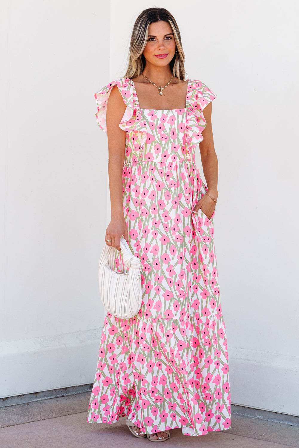 Threaded Pear Angelica Floral Ruffled Strap Maxi Dress