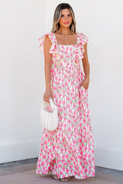 Threaded Pear Angelica Floral Ruffled Strap Maxi Dress