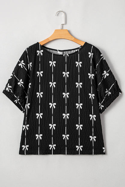 Threaded Pear Aviana Bow Print Puff Short Sleeve Top